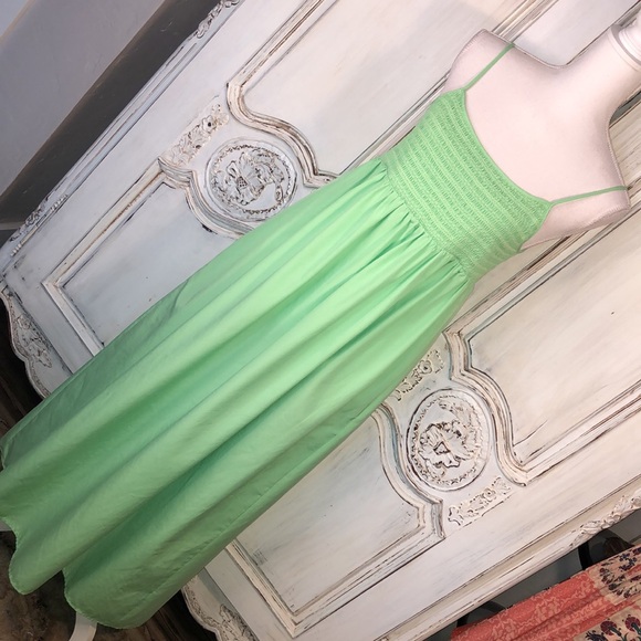 ZARA Empire Smocked Bodice Spaghetti Strap Lime Sherbet Green Maxi Dress Size M - Picture 3 of 10
